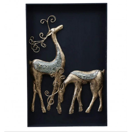 Collectible India Metal 3D Deer Couple Wall Mounted on MDF Frame Wall Decor and Hanging Art Animal Feng Shui Sculpture for Home Living Room Bedroom(Size 32 x 22 Inches) <small>(Shipping Per: MK12,739.45)</small>