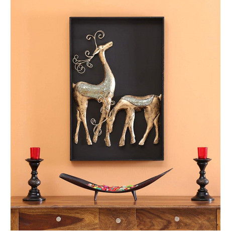 Collectible India Metal 3D Deer Couple Wall Mounted on MDF Frame Wall Decor and Hanging Art Animal Feng Shui Sculpture for Home Living Room Bedroom(Size 32 x 22 Inches) <small>(Shipping Per: MK12,739.45)</small>