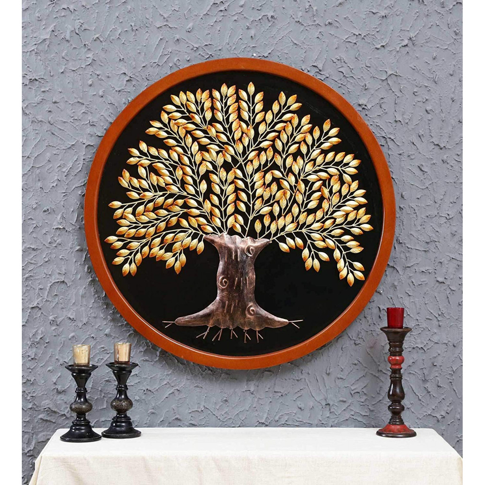 Collectible India Metal Round MDF Panel Golden Tree of Life Wall Mounted and Hanging Decor Art Sculpture Home Office Living Room Artwork(Size 39 x 39 Inches) <small>(Shipping Per: MK3,927.45)</small>