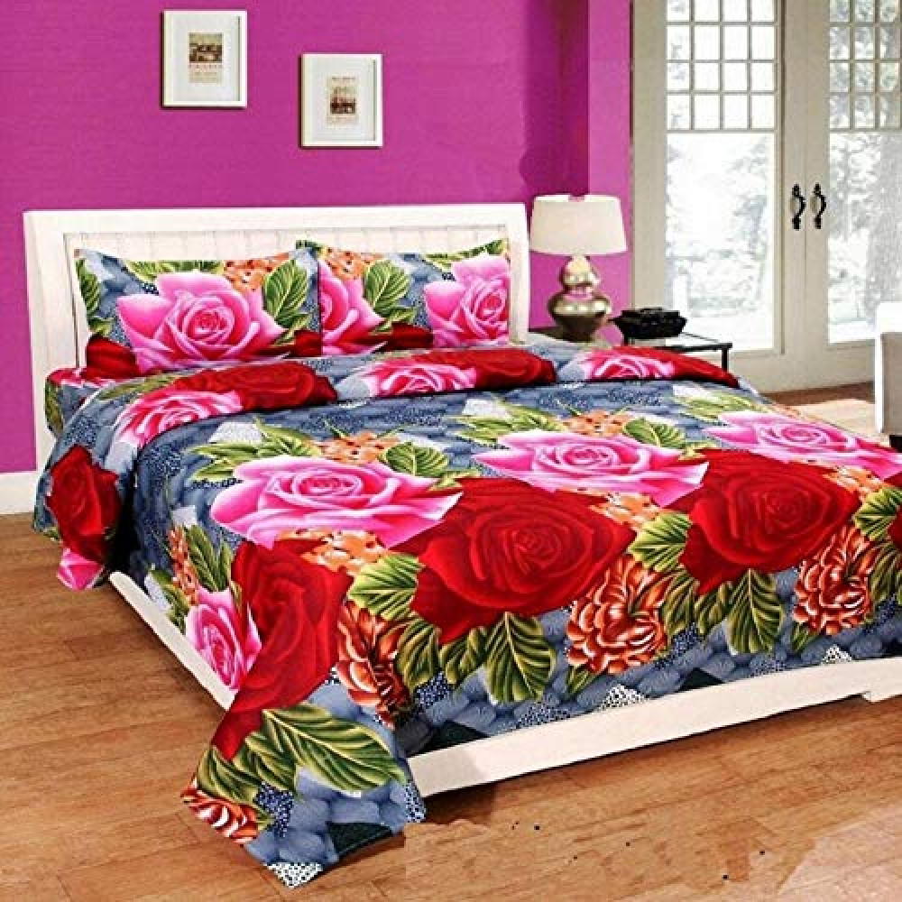 Panipat Textile Hub 100% Cotton Double BedSheet for Double Bed with 2 Pillow Covers Set, Queen Size Bedsheet Series, 140 TC, 3D Printed Pattern <small>(Shipping Per: MK520.20)</small>